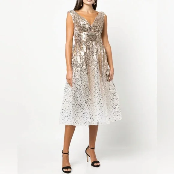 Gorgeous Sparkly Marchesa Notte Gold Sequin V Neck Midi Dress Size 4 NWT Luxury - Picture 1 of 9